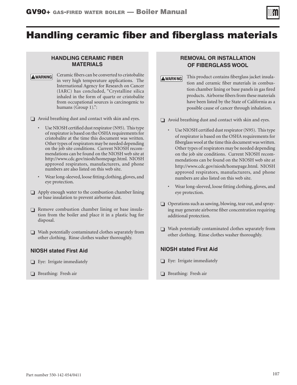 Handling ceramic fiber and fiberglass materials, Gv90, Boiler manual | Weil-McLain GV90+ User Manual | Page 107 / 108