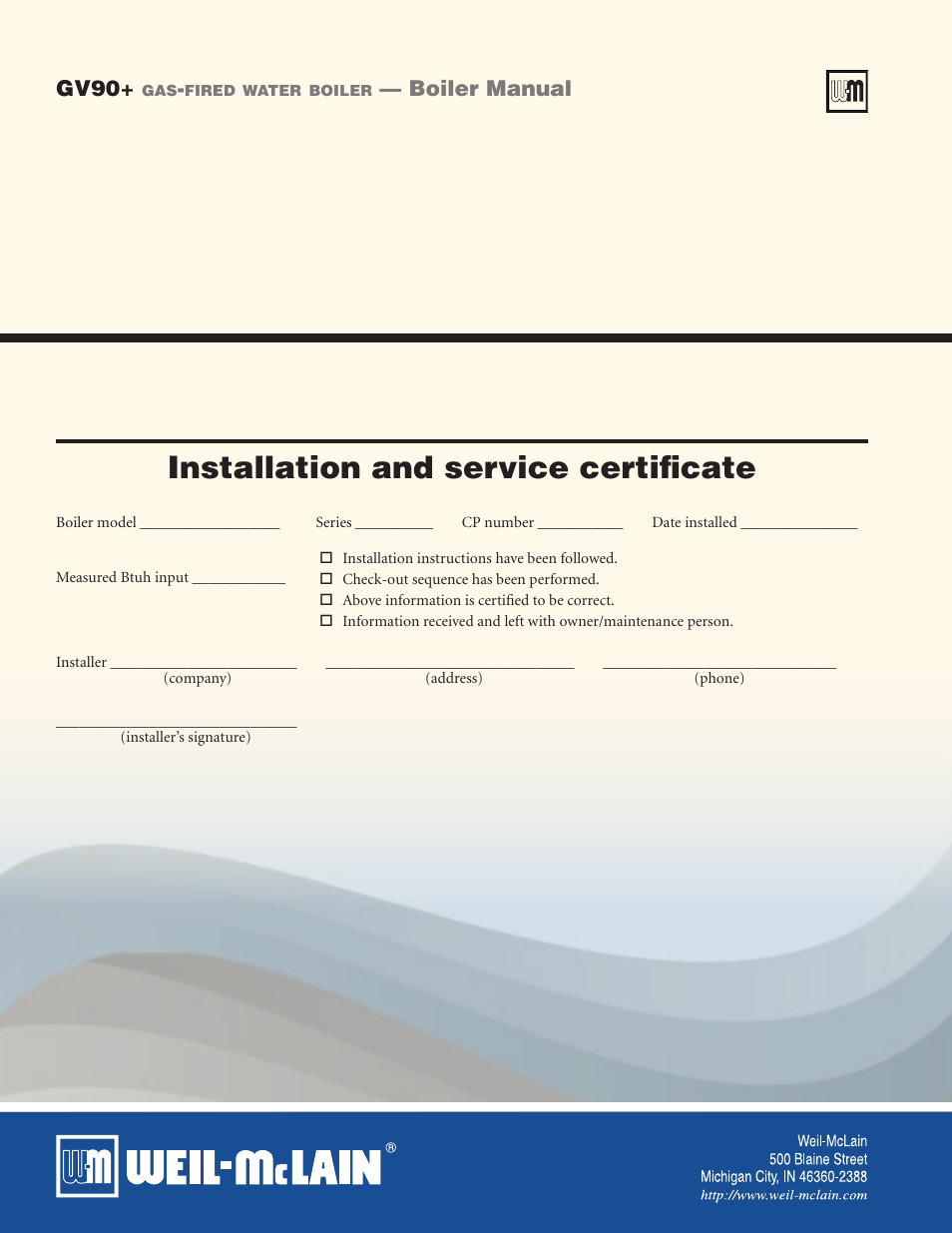 Installation and service certificate | Weil-McLain GV90+ User Manual | Page 108 / 108