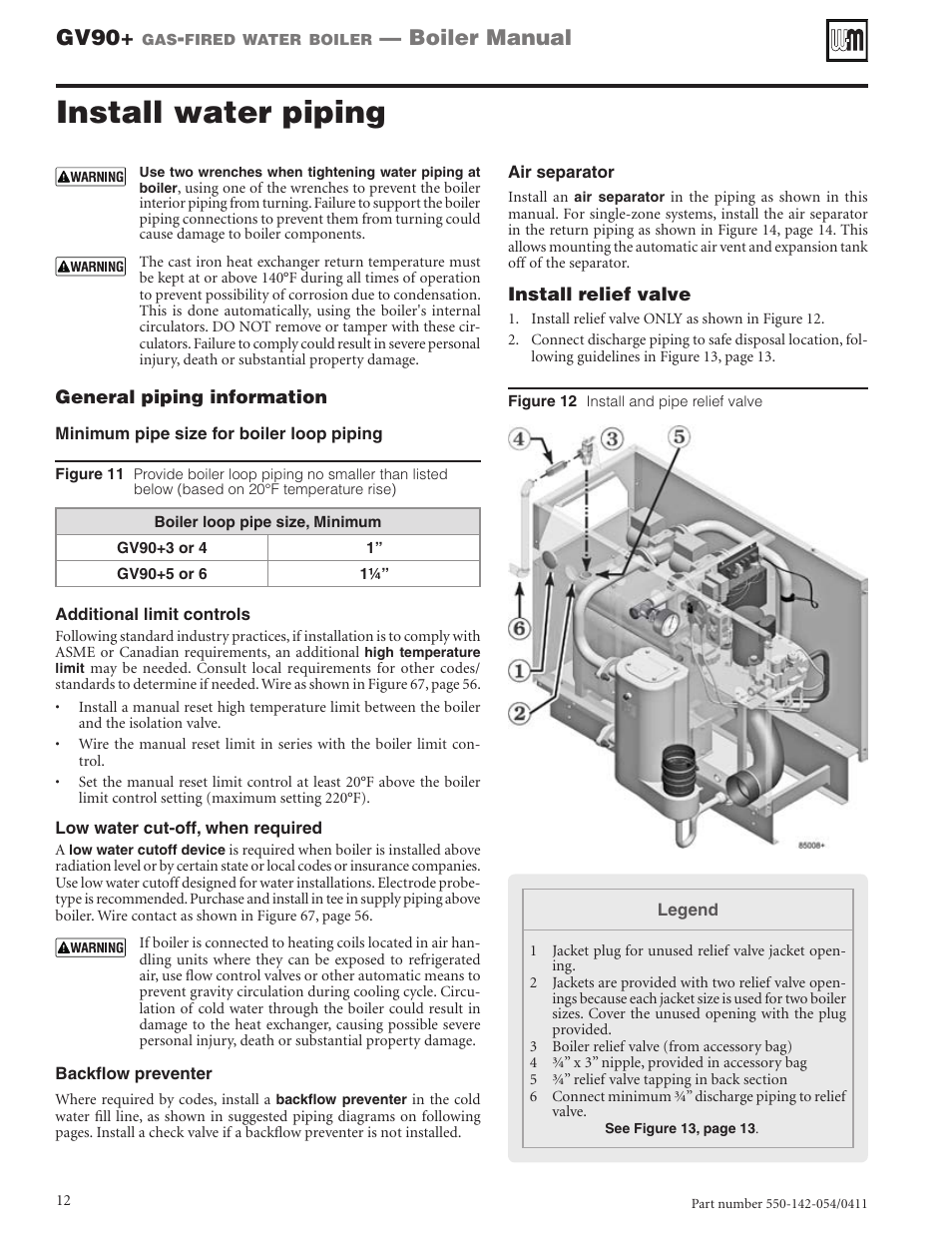 Install water piping, Gv90, Boiler manual | Weil-McLain GV90+ User Manual | Page 12 / 108