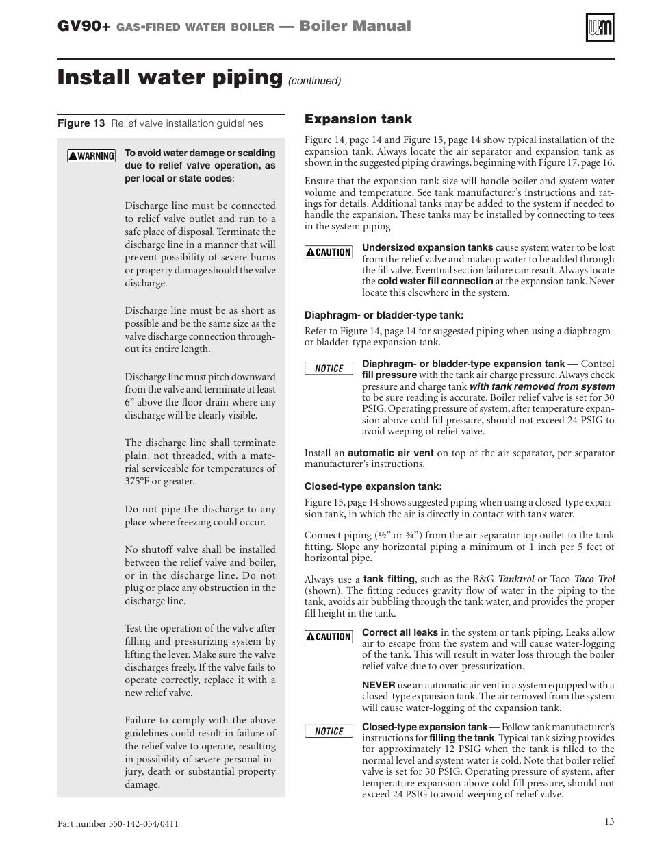 Install water piping, Gv90, Boiler manual | Weil-McLain GV90+ User Manual | Page 13 / 108