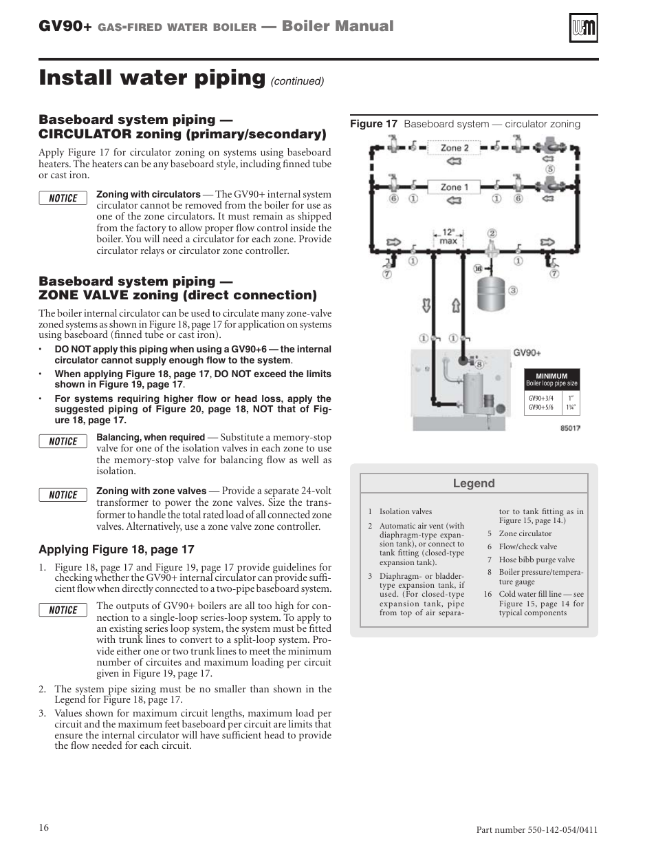 Install water piping, Gv90, Boiler manual | Weil-McLain GV90+ User Manual | Page 16 / 108