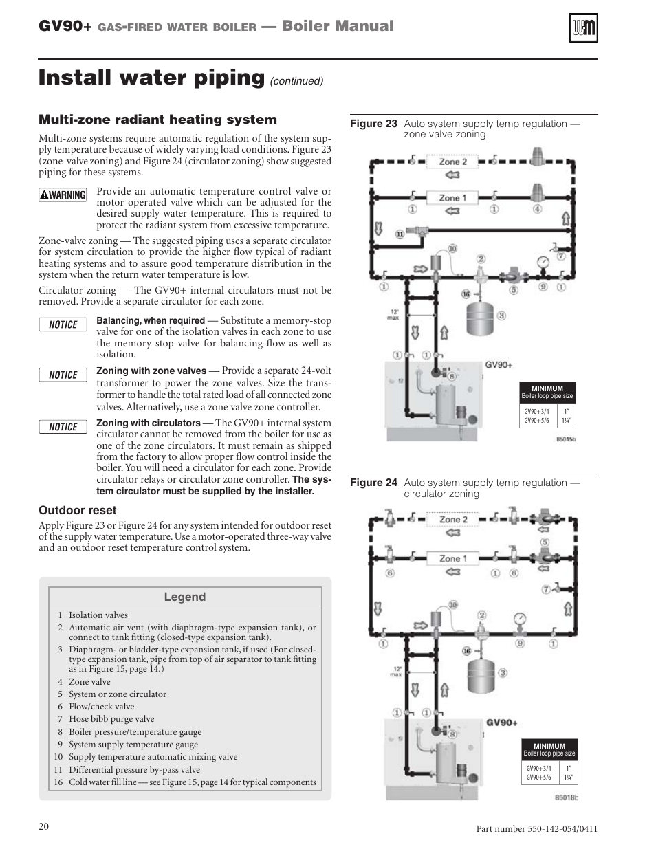 Install water piping, Gv90, Boiler manual | Weil-McLain GV90+ User Manual | Page 20 / 108