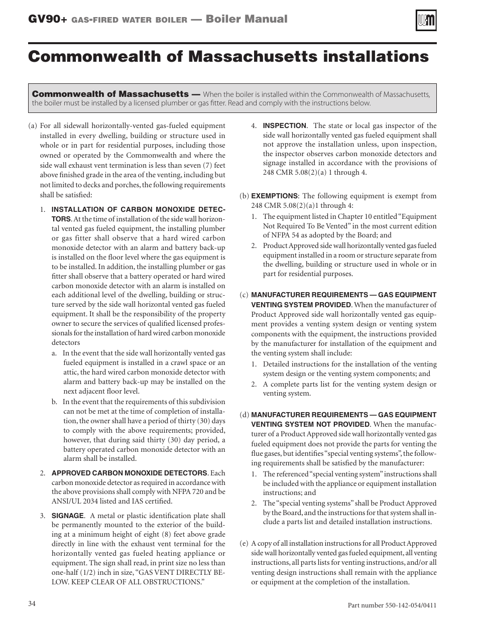 Commonwealth of massachusetts installations, Gv90, Boiler manual | Weil-McLain GV90+ User Manual | Page 34 / 108