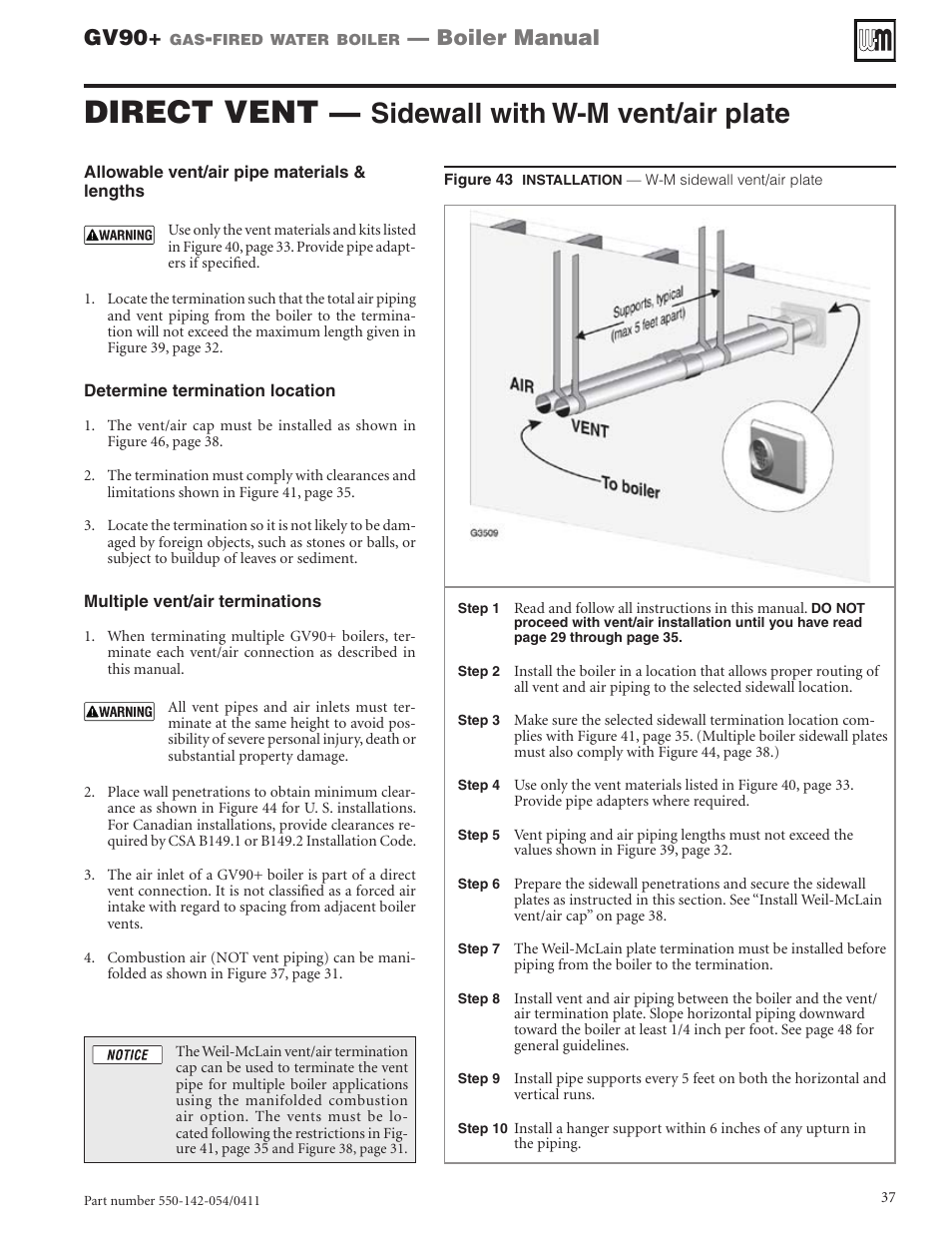 Direct vent, Sidewall with w-m vent/air plate, Gv90 | Boiler manual | Weil-McLain GV90+ User Manual | Page 37 / 108