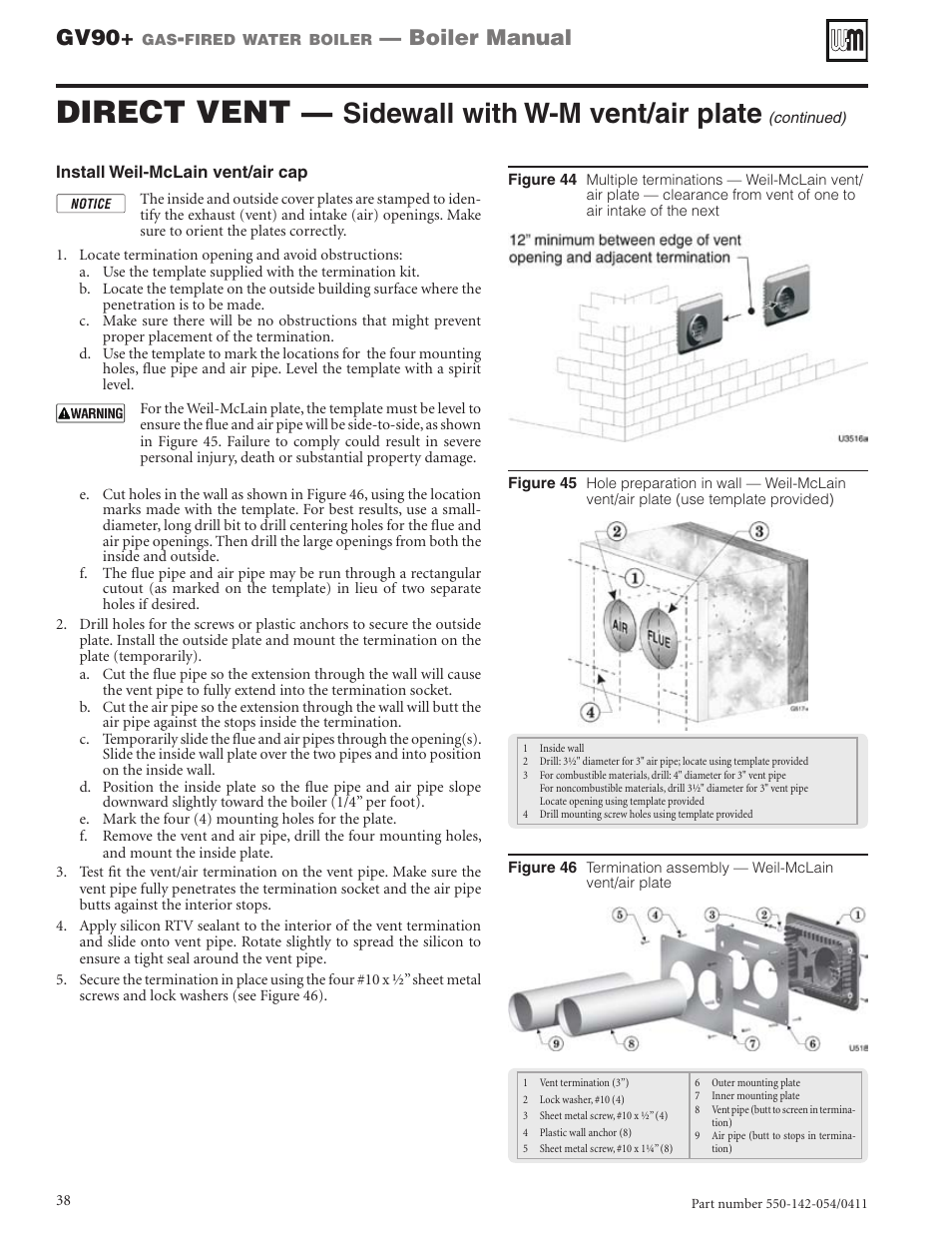 Direct vent, Sidewall with w-m vent/air plate, Gv90 | Boiler manual | Weil-McLain GV90+ User Manual | Page 38 / 108