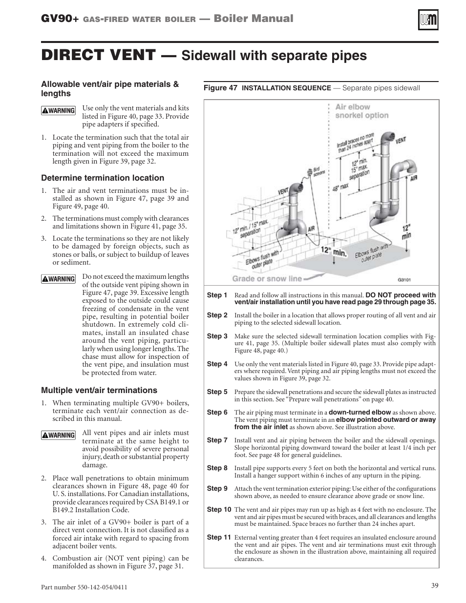 Direct vent, Sidewall with separate pipes, Gv90 | Boiler manual | Weil-McLain GV90+ User Manual | Page 39 / 108