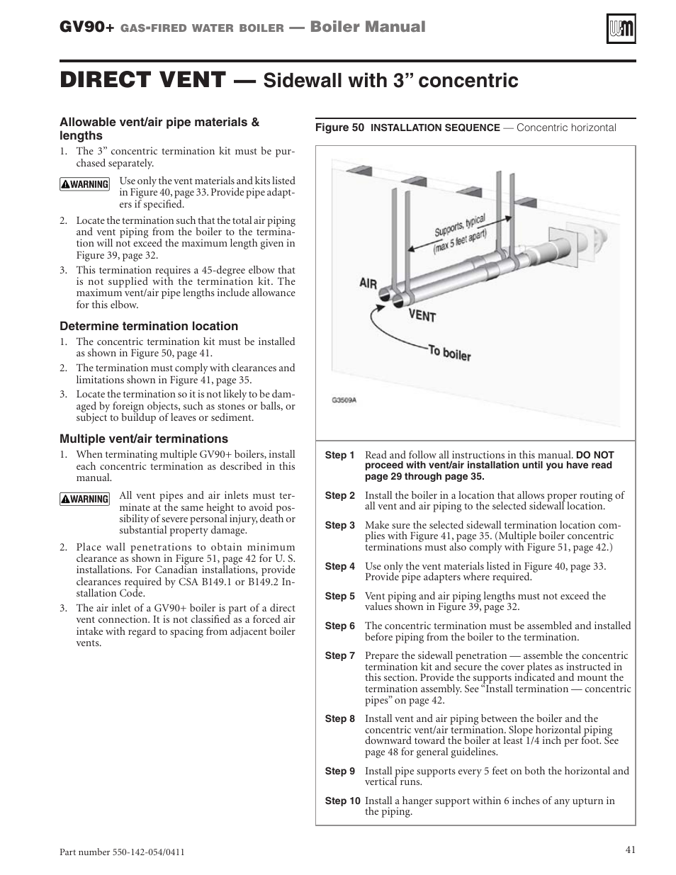 Direct vent, Sidewall with 3” concentric, Gv90 | Boiler manual | Weil-McLain GV90+ User Manual | Page 41 / 108