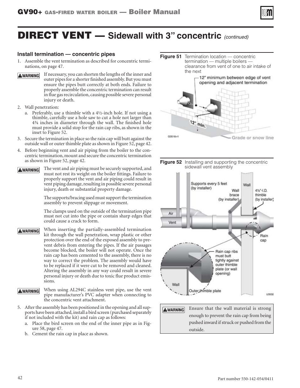 Direct vent, Sidewall with 3” concentric, Gv90 | Boiler manual | Weil-McLain GV90+ User Manual | Page 42 / 108