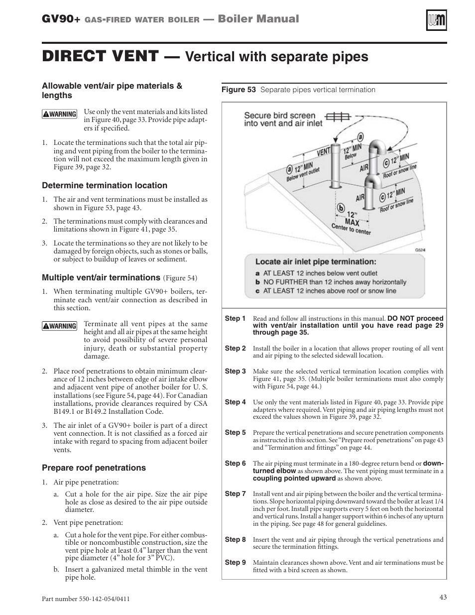 Direct vent, Vertical with separate pipes, Gv90 | Boiler manual | Weil-McLain GV90+ User Manual | Page 43 / 108