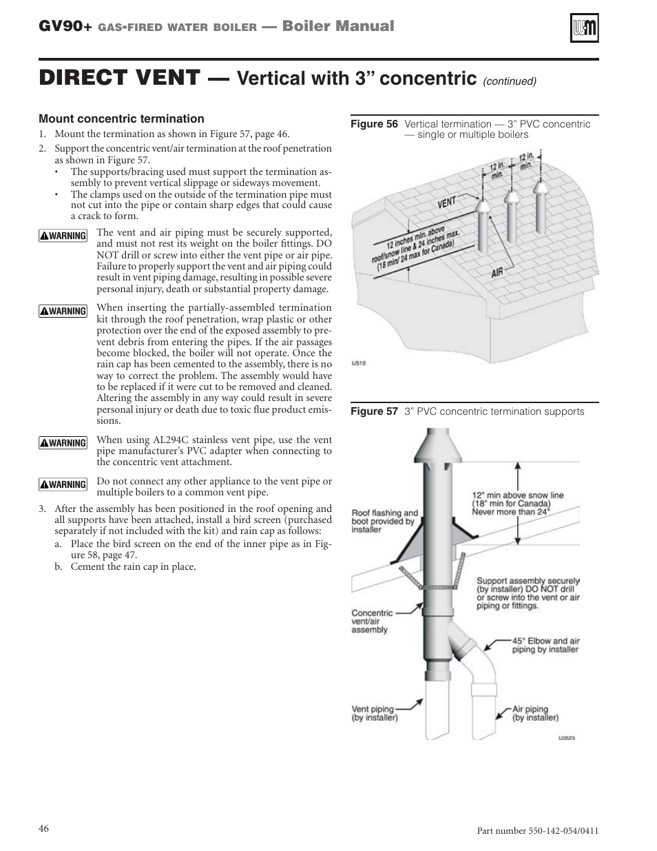 Direct vent, Vertical with 3” concentric, Gv90 | Boiler manual | Weil-McLain GV90+ User Manual | Page 46 / 108