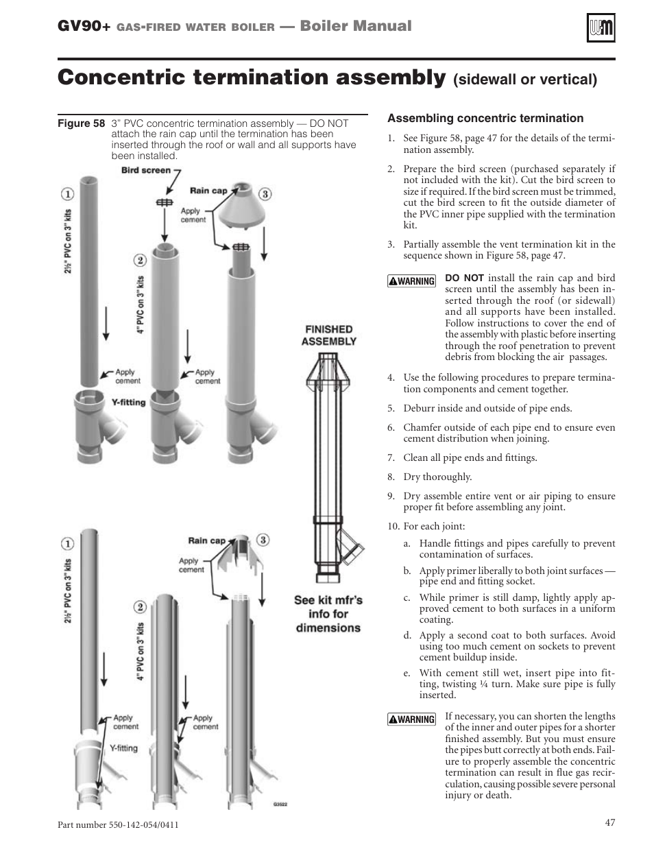 Concentric termination assembly, Gv90, Boiler manual | Sidewall or vertical) | Weil-McLain GV90+ User Manual | Page 47 / 108