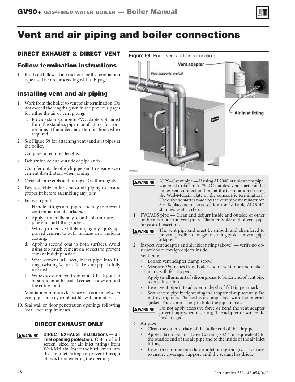 Vent and air piping and boiler connections, Gv90, Boiler manual | Weil-McLain GV90+ User Manual | Page 48 / 108