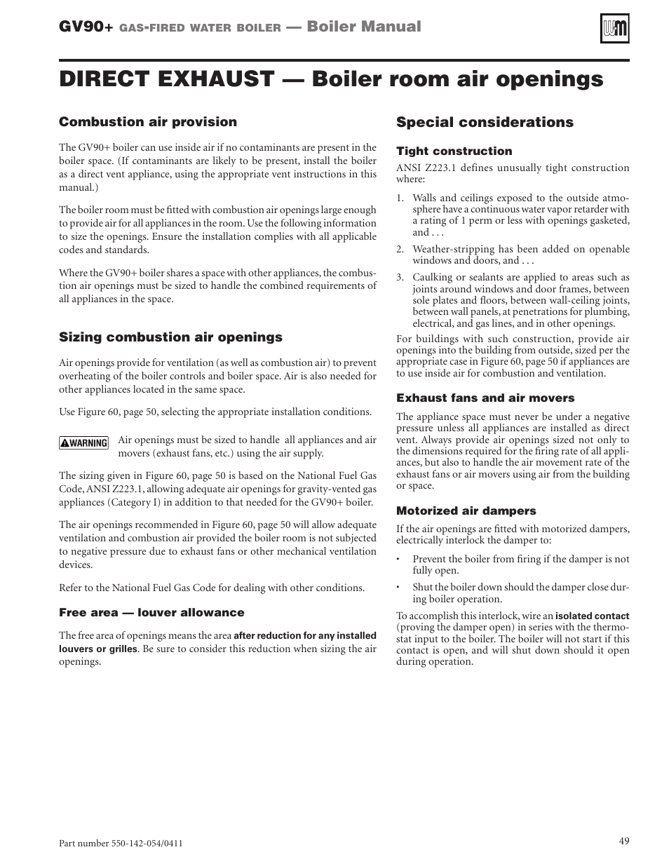 Direct exhaust — boiler room air openings, Gv90, Boiler manual | Special considerations | Weil-McLain GV90+ User Manual | Page 49 / 108
