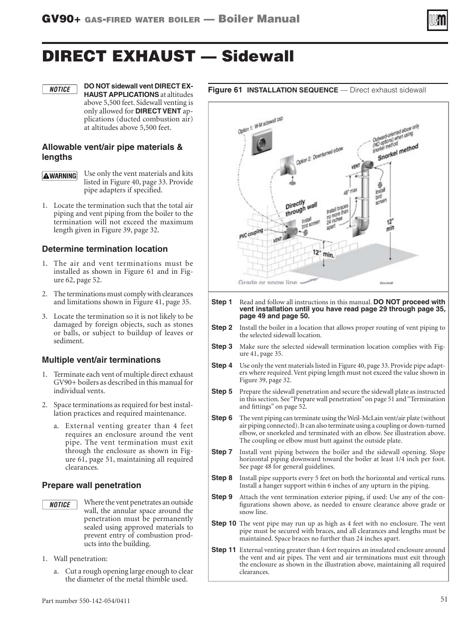 Direct exhaust — sidewall, Gv90, Boiler manual | Weil-McLain GV90+ User Manual | Page 51 / 108