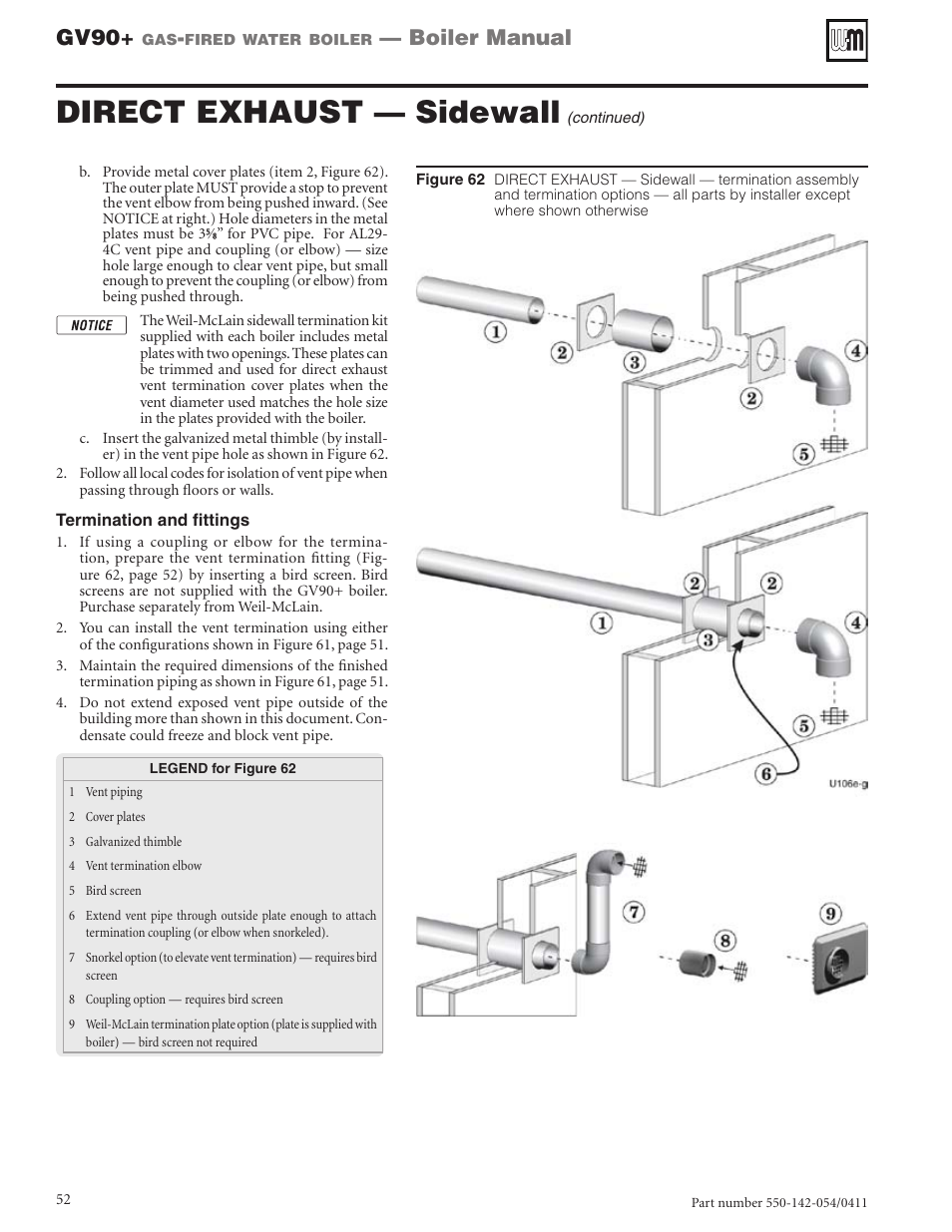 Direct exhaust — sidewall, Gv90, Boiler manual | Weil-McLain GV90+ User Manual | Page 52 / 108