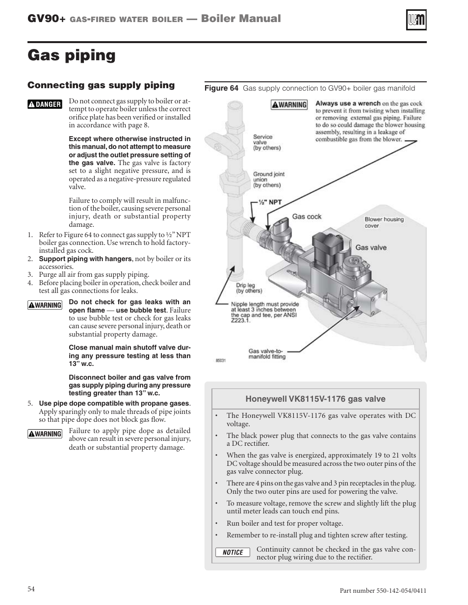 Gas piping, Gv90, Boiler manual | Weil-McLain GV90+ User Manual | Page 54 / 108