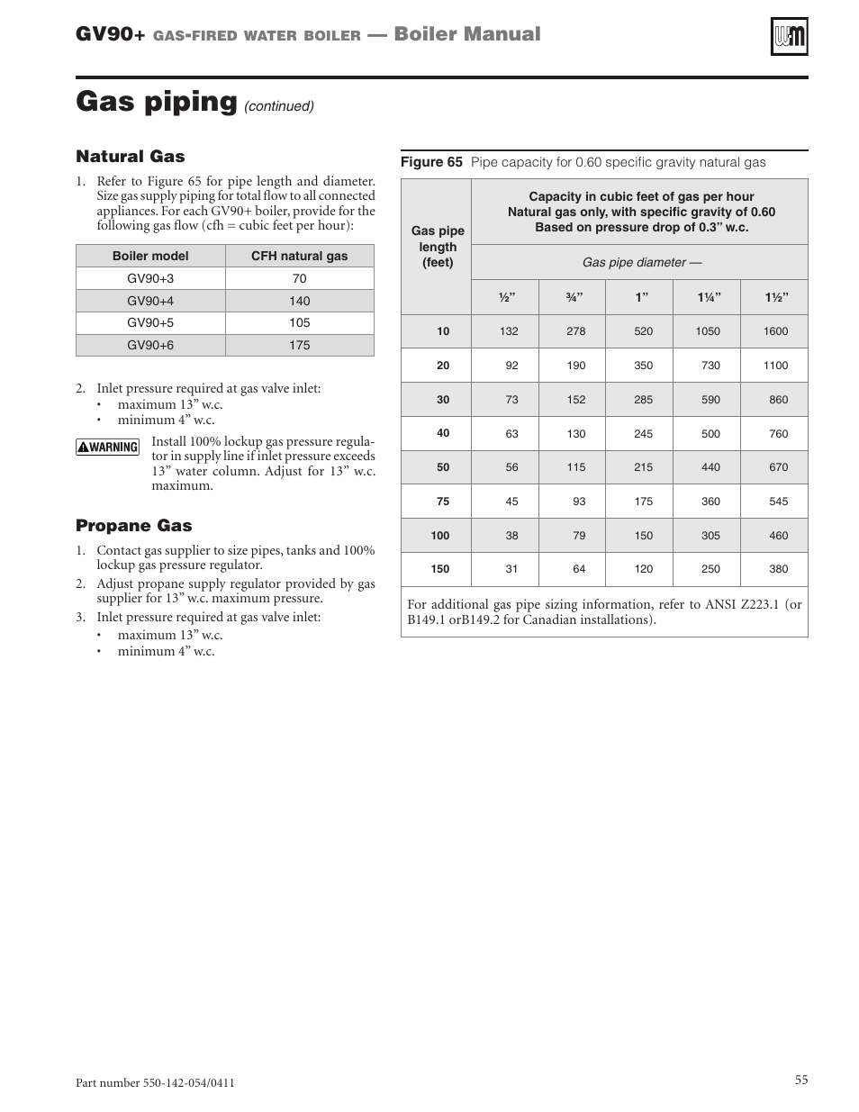 Gas piping, Gv90, Boiler manual | Natural gas, Propane gas | Weil-McLain GV90+ User Manual | Page 55 / 108
