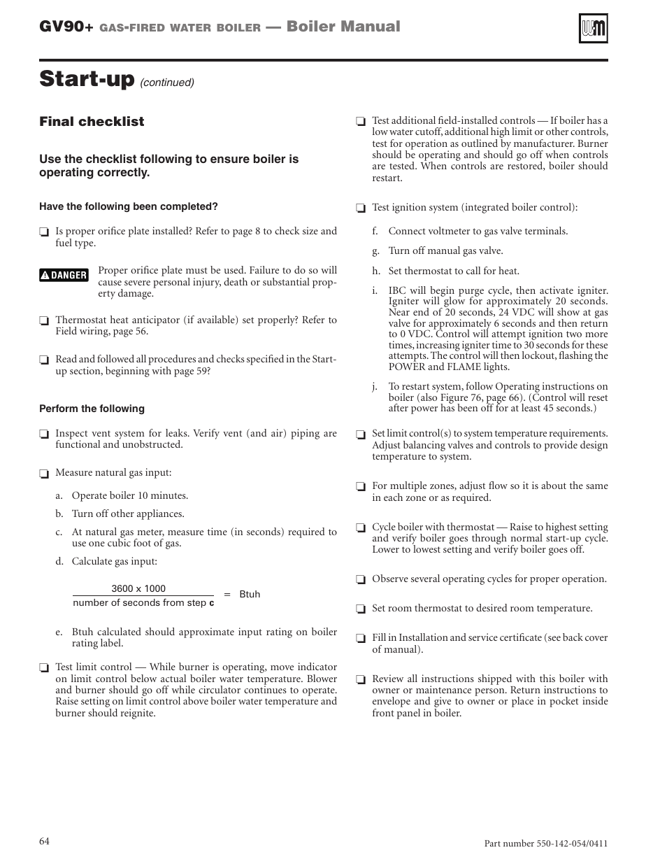 Start-up, Gv90, Boiler manual | Weil-McLain GV90+ User Manual | Page 64 / 108