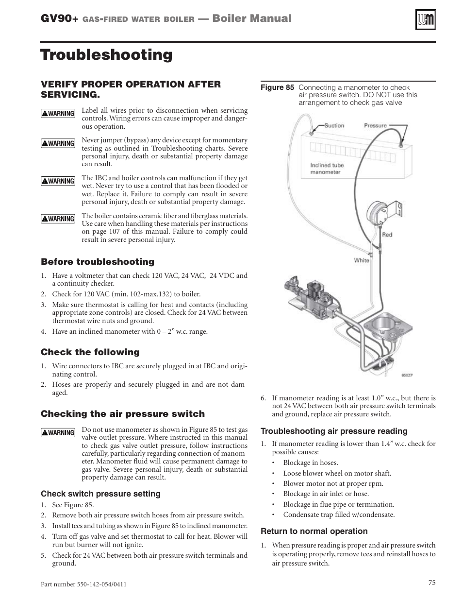 Troubleshooting, Gv90, Boiler manual | Weil-McLain GV90+ User Manual | Page 75 / 108