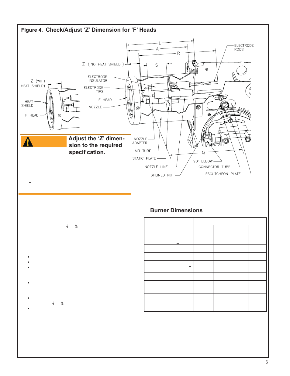 Prepare the burner, Warning, Check/adjust ‘z’ dimension - ‘f’ heads | Check/adjust ‘z’ dimension for ‘f’ heads, Burner dimensions | Weil-McLain UO-3 CV User Manual | Page 11 / 25