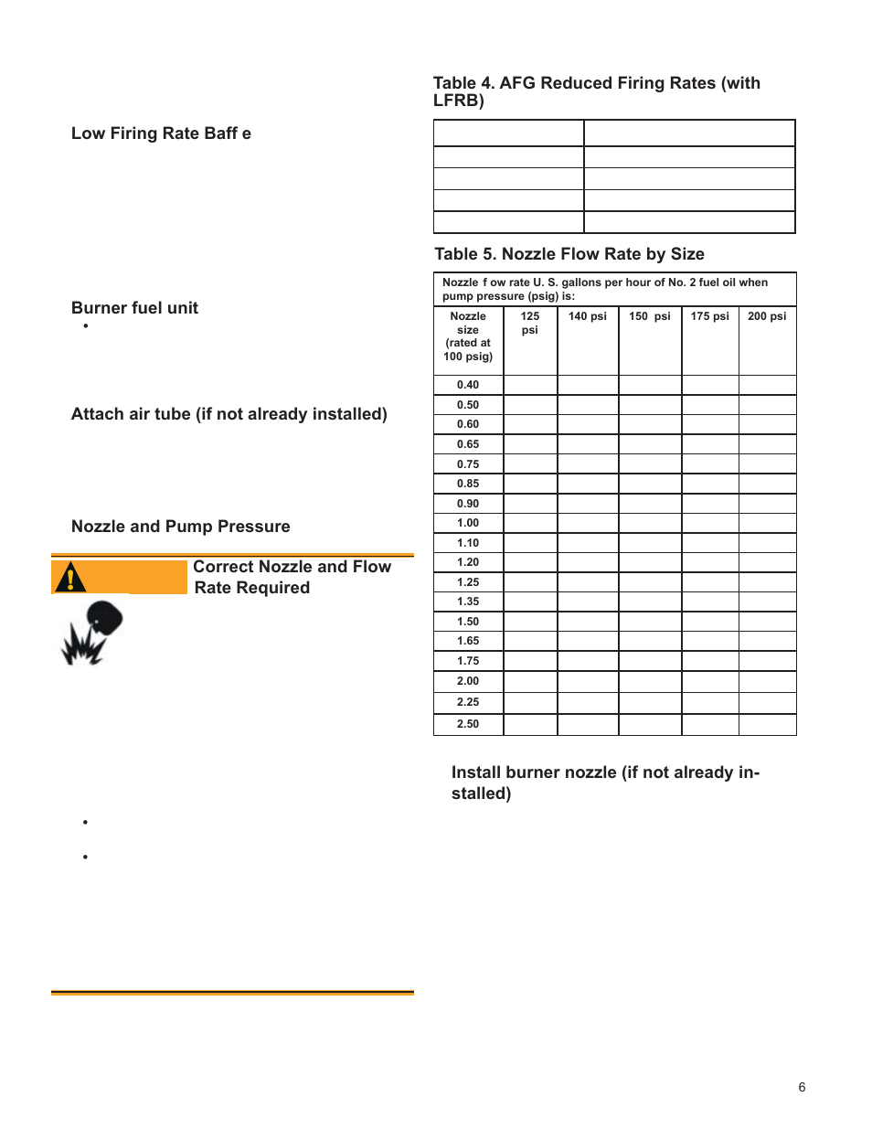 Prepare the burner, Inspect/prepare installation site, Warning | Table 4. afg reduced firing rates (with lfrb), Low firing rate baff e, Burner fuel unit, Attach air tube (if not already installed), Correct nozzle and flow rate required, Table 5. nozzle flow rate by size, Burner head type low firing rate baffl e installed | Weil-McLain UO-3 CV User Manual | Page 9 / 25