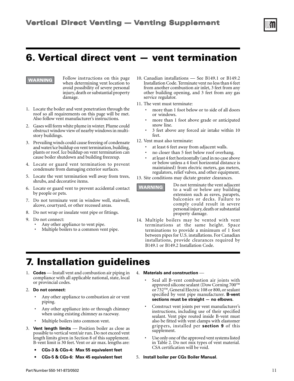 Vertical direct vent — vent termination, Installation guidelines | Weil-McLain GOLD CGs User Manual | Page 11 / 16