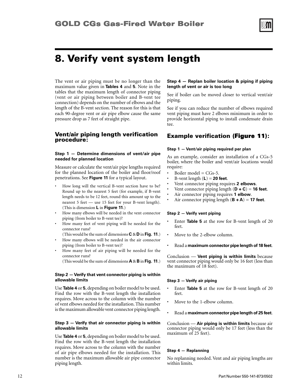 Verify vent system length, Gold cgs gas-f | Weil-McLain GOLD CGs User Manual | Page 12 / 16
