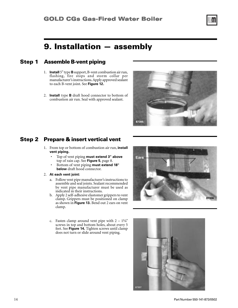 Installation — assembly, Gold cgs gas-f, Assemble b-vent piping step 1 | Prepare & insert vertical vent step 2 | Weil-McLain GOLD CGs User Manual | Page 14 / 16