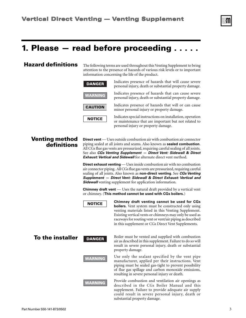 Please — read before proceeding, Hazard definitions, Venting method definitions | Weil-McLain GOLD CGs User Manual | Page 3 / 16