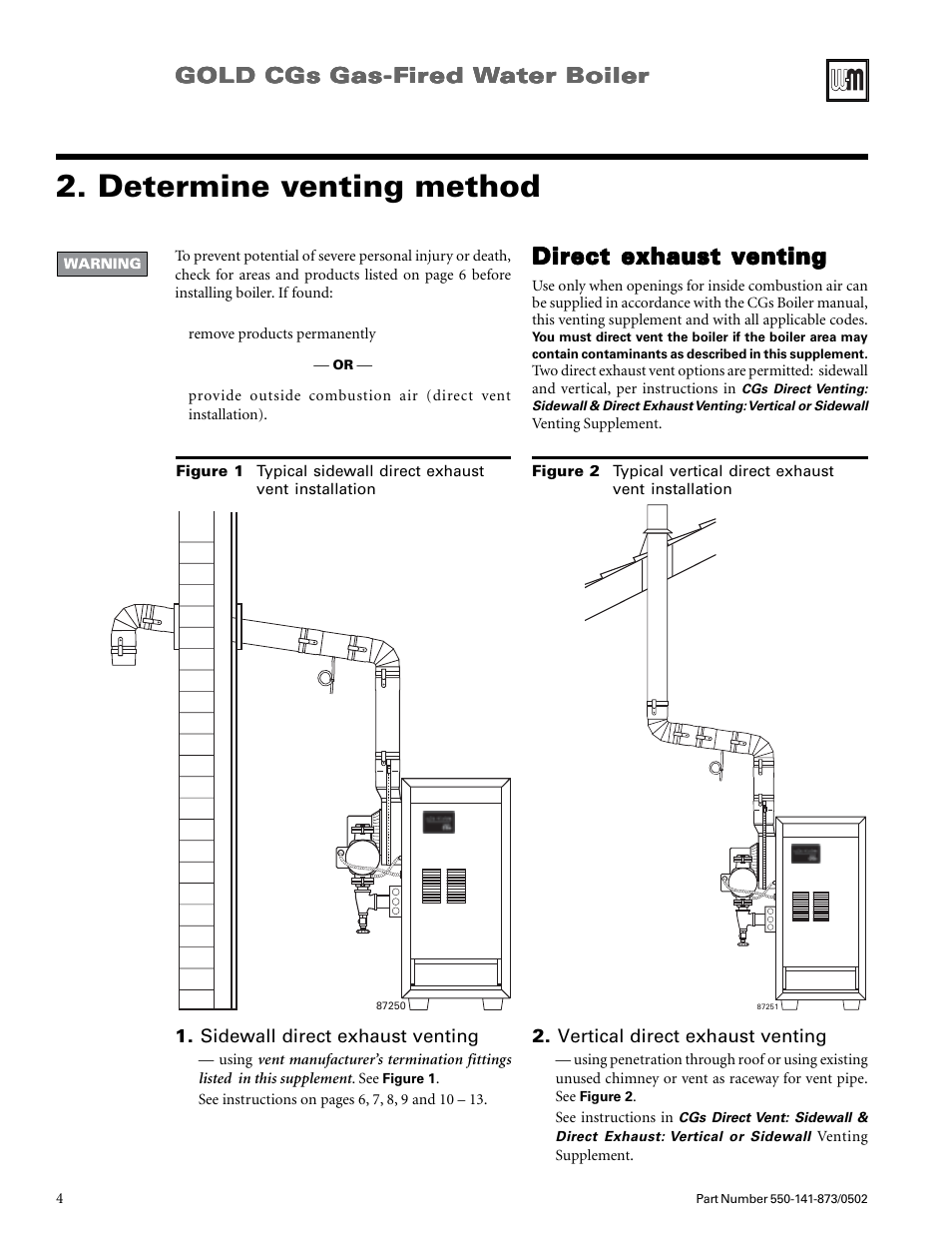 Determine venting method, Direct exhaust venting, Gold cgs gas-f | Weil-McLain GOLD CGs User Manual | Page 4 / 16