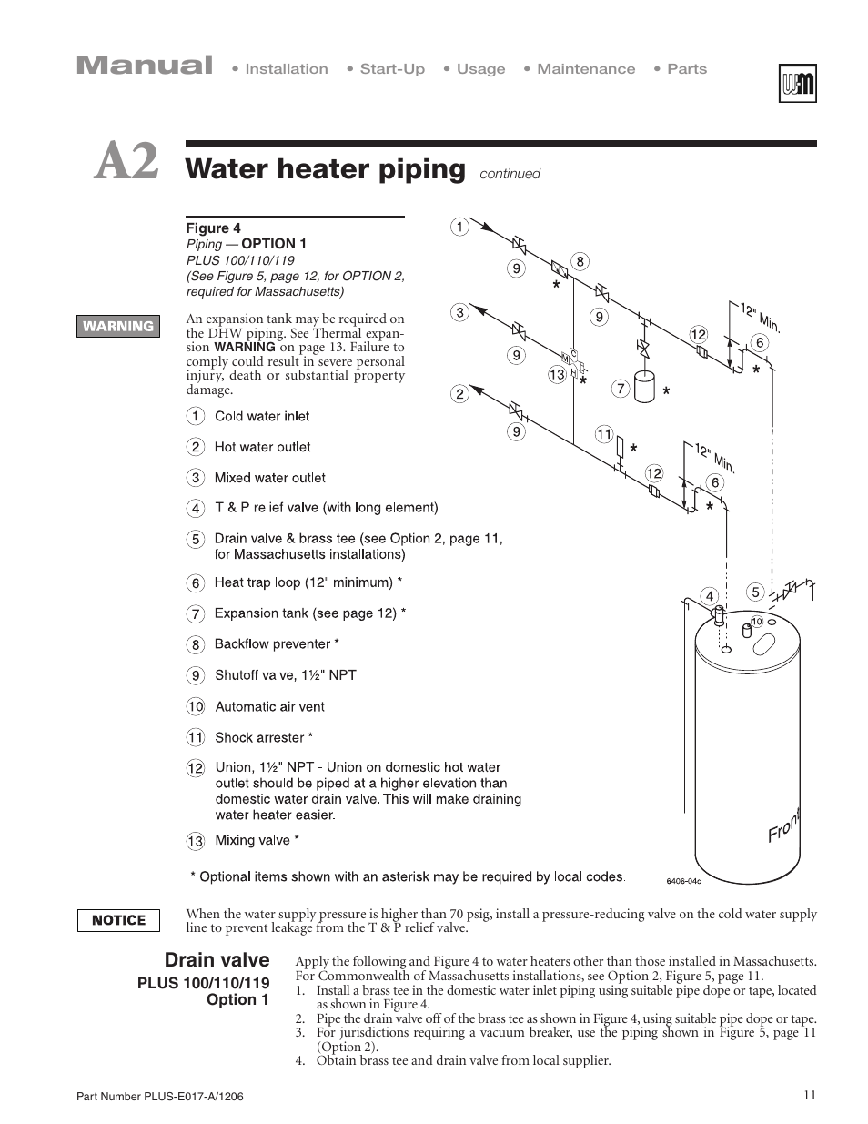 Water heater piping, Manual, Drain valve | Weil-McLain PLUS LINE PLUS-E017-A/1206 User Manual | Page 11 / 68