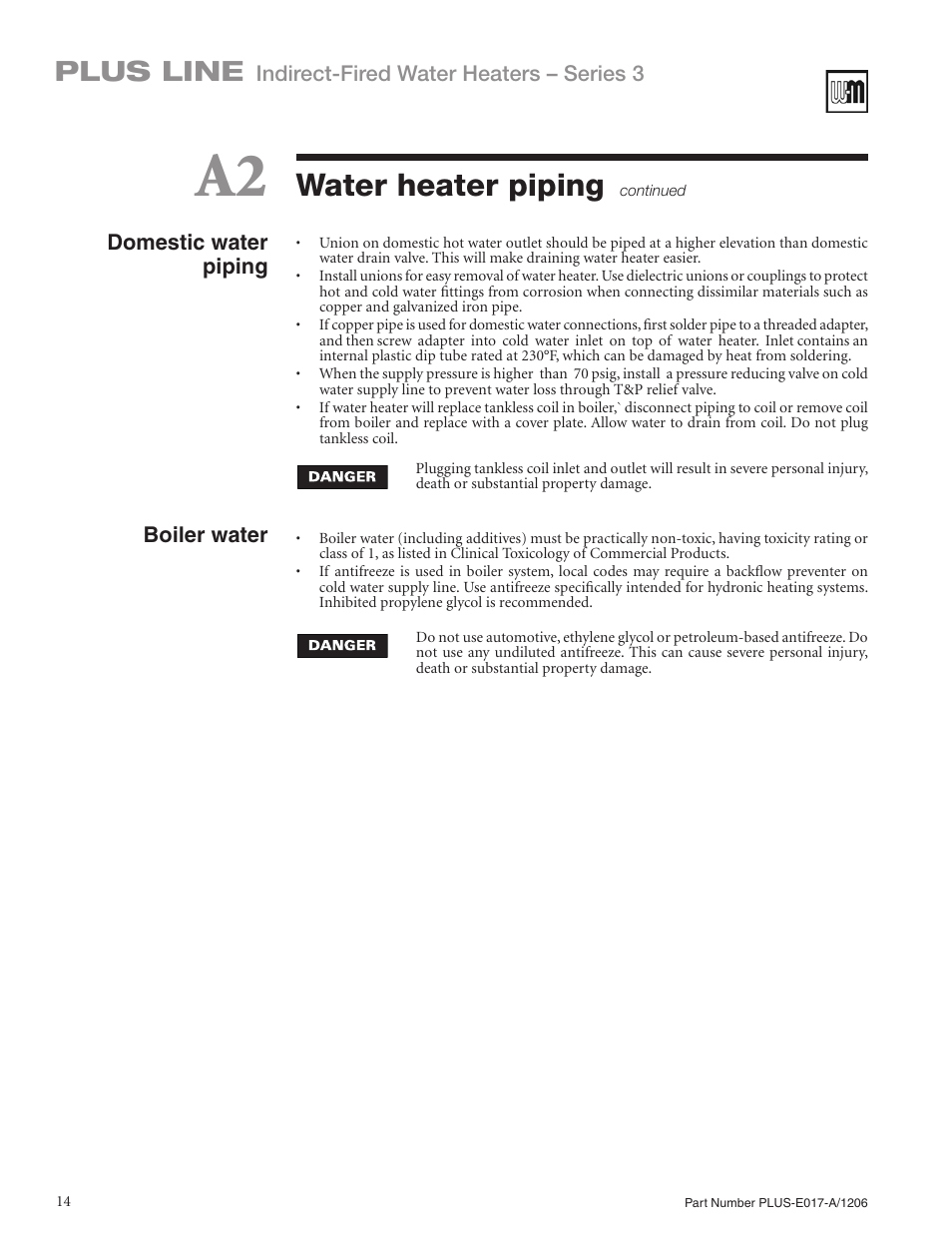 Water heater piping, Plus line | Weil-McLain PLUS LINE PLUS-E017-A/1206 User Manual | Page 14 / 68