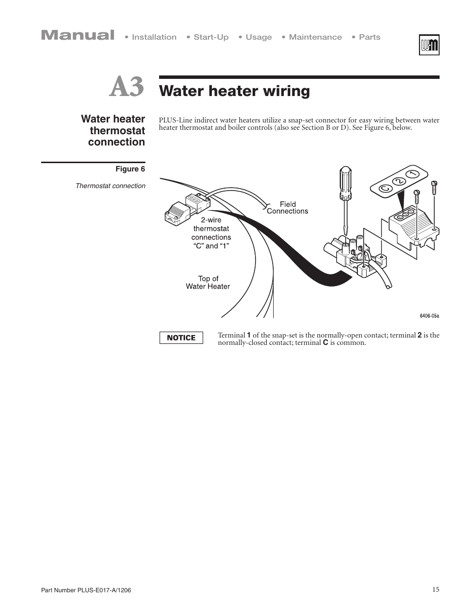 Water heater wiring, Manual | Weil-McLain PLUS LINE PLUS-E017-A/1206 User Manual | Page 15 / 68