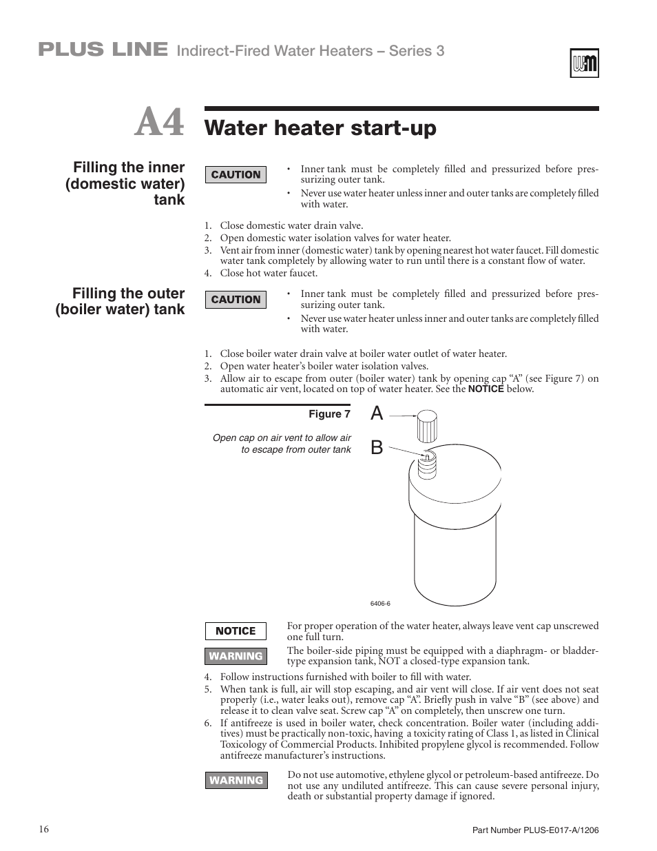 Water heater start-up, Plus line, Indirect-fired water heaters – series 3 | Filling the inner (domestic water) tank, Filling the outer (boiler water) tank | Weil-McLain PLUS LINE PLUS-E017-A/1206 User Manual | Page 16 / 68