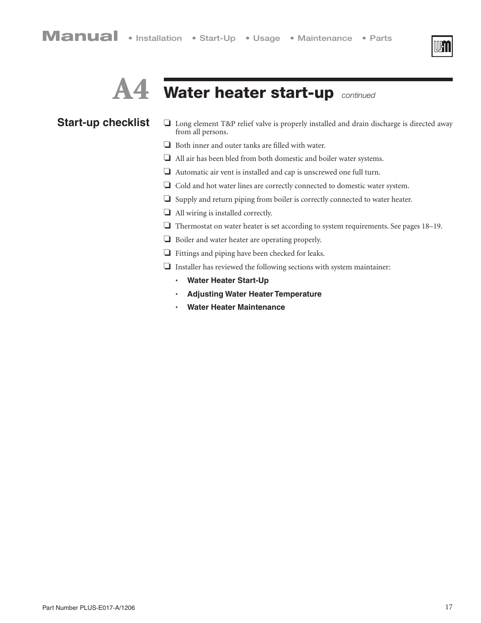 Water heater start-up, Manual | Weil-McLain PLUS LINE PLUS-E017-A/1206 User Manual | Page 17 / 68