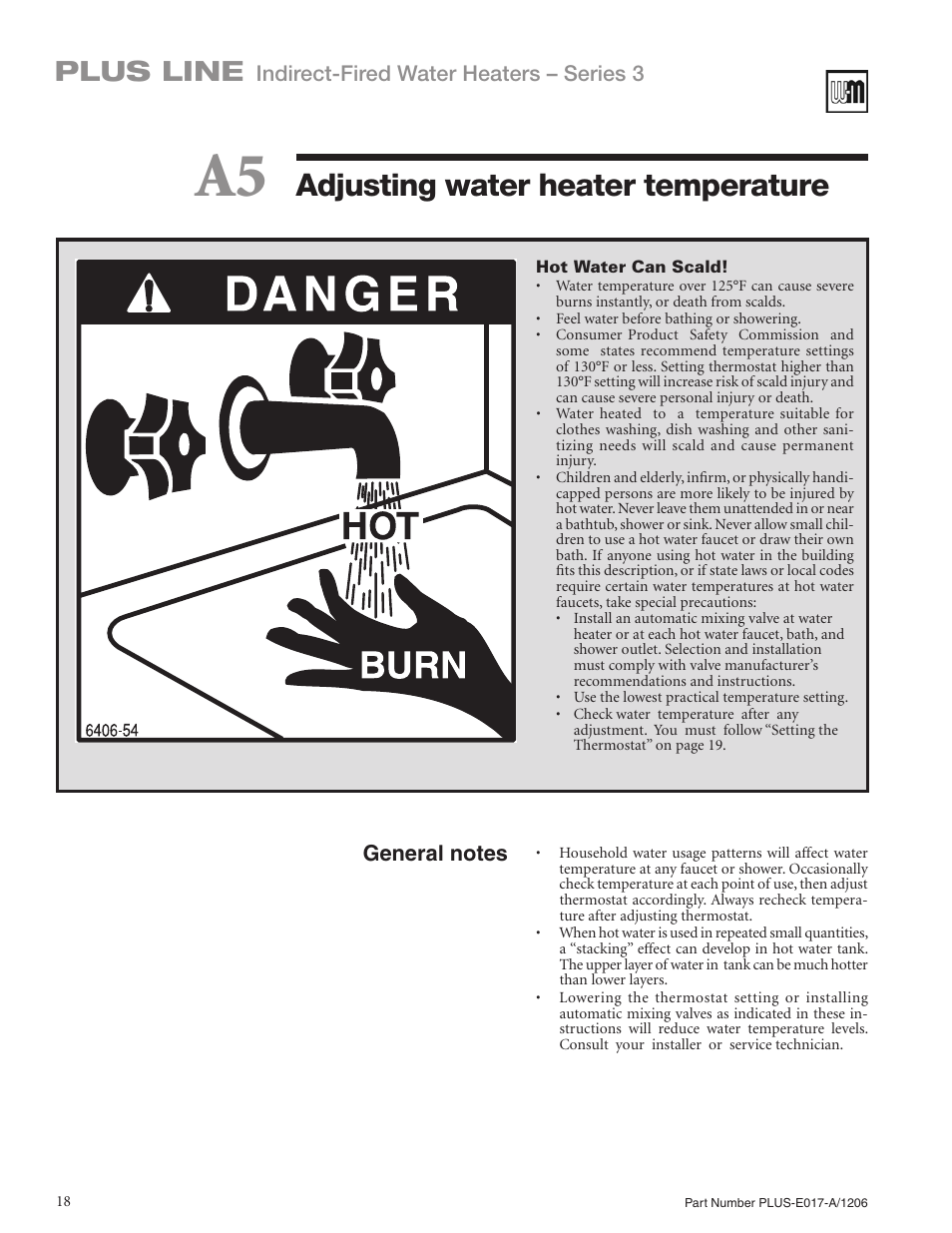 Adjusting water heater temperature, Plus line, Indirect-fired water heaters – series 3 | Weil-McLain PLUS LINE PLUS-E017-A/1206 User Manual | Page 18 / 68