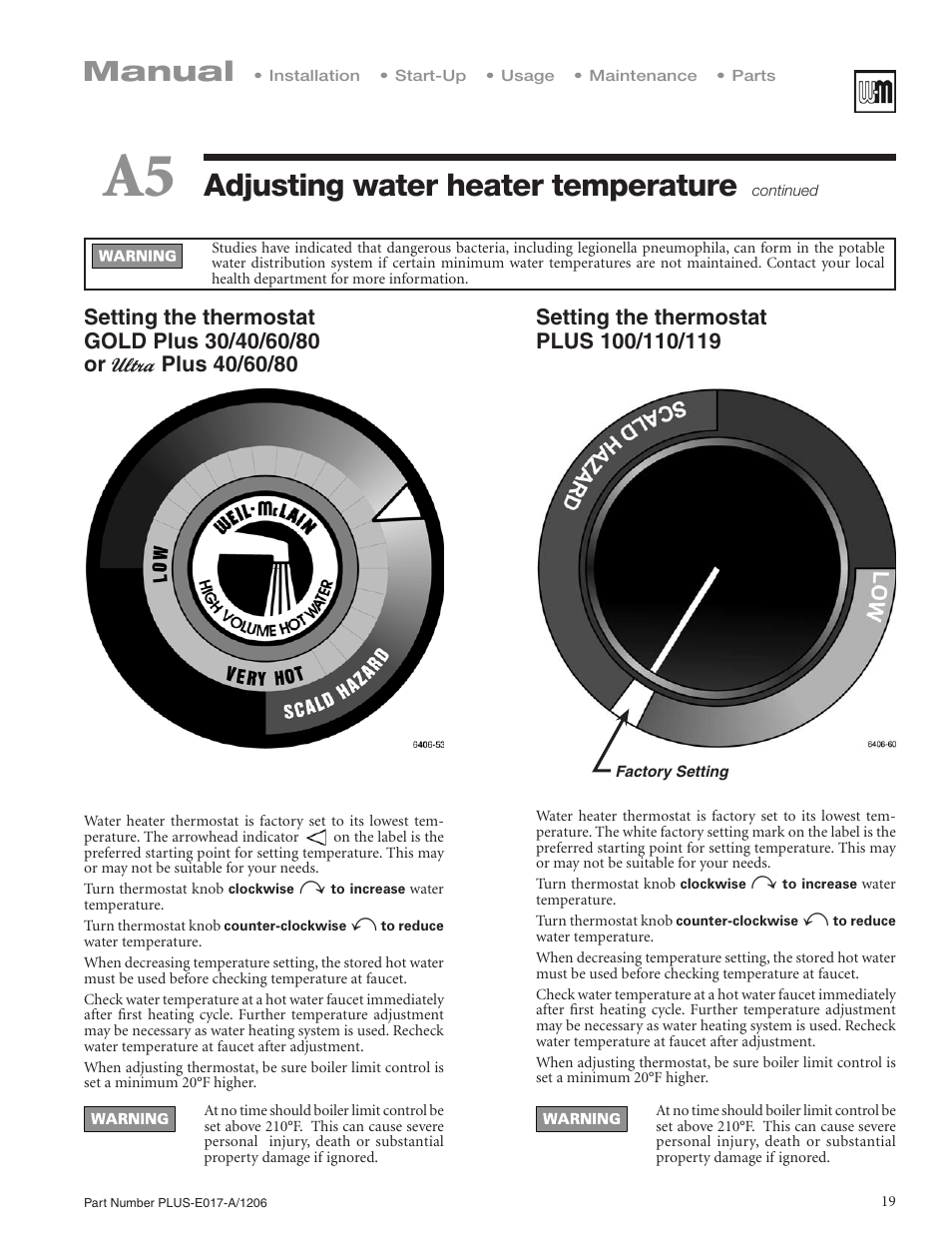 Adjusting water heater temperature, Manual | Weil-McLain PLUS LINE PLUS-E017-A/1206 User Manual | Page 19 / 68