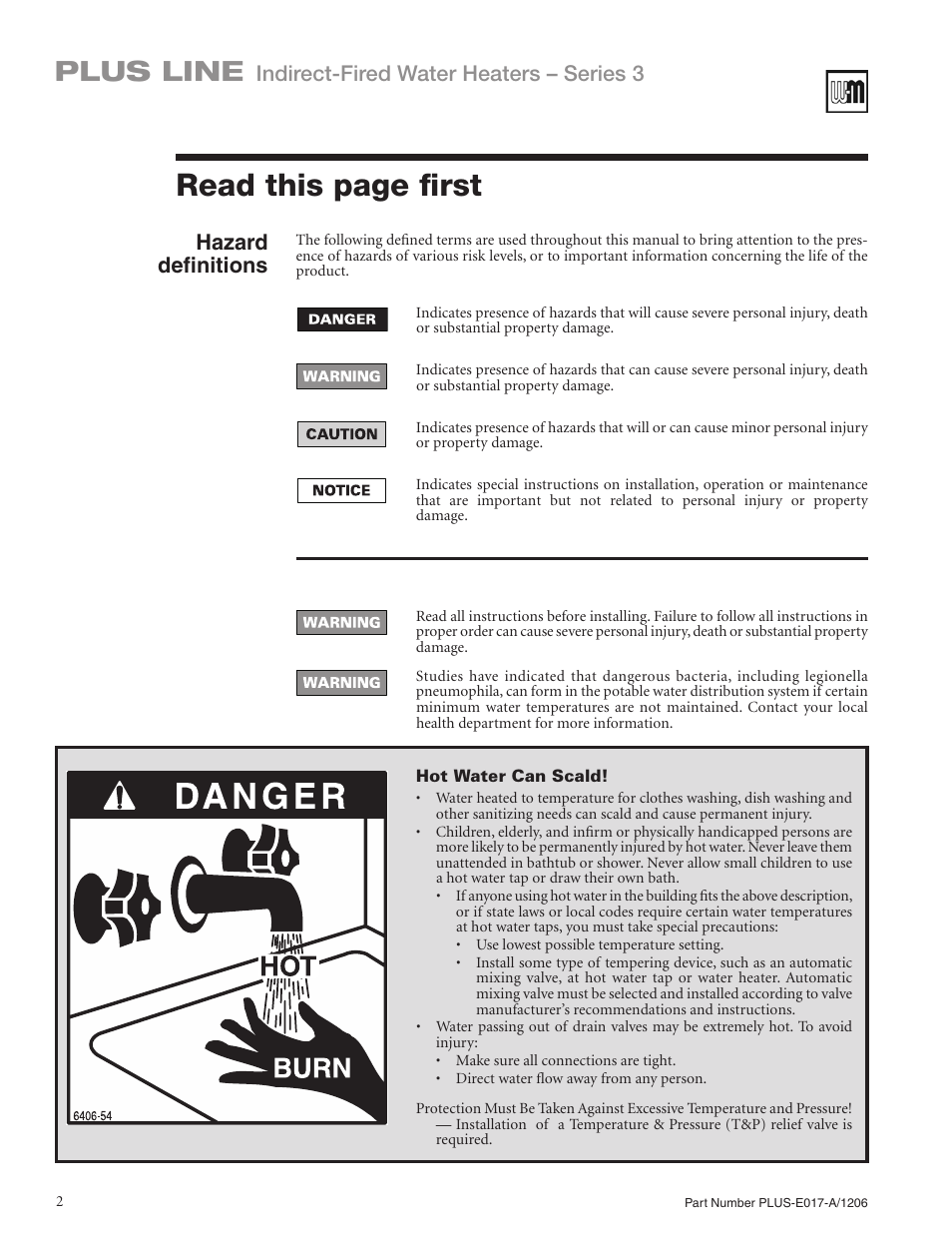 Read this page first, Plus line, Indirect-fired water heaters – series 3 | Hazard definitions | Weil-McLain PLUS LINE PLUS-E017-A/1206 User Manual | Page 2 / 68