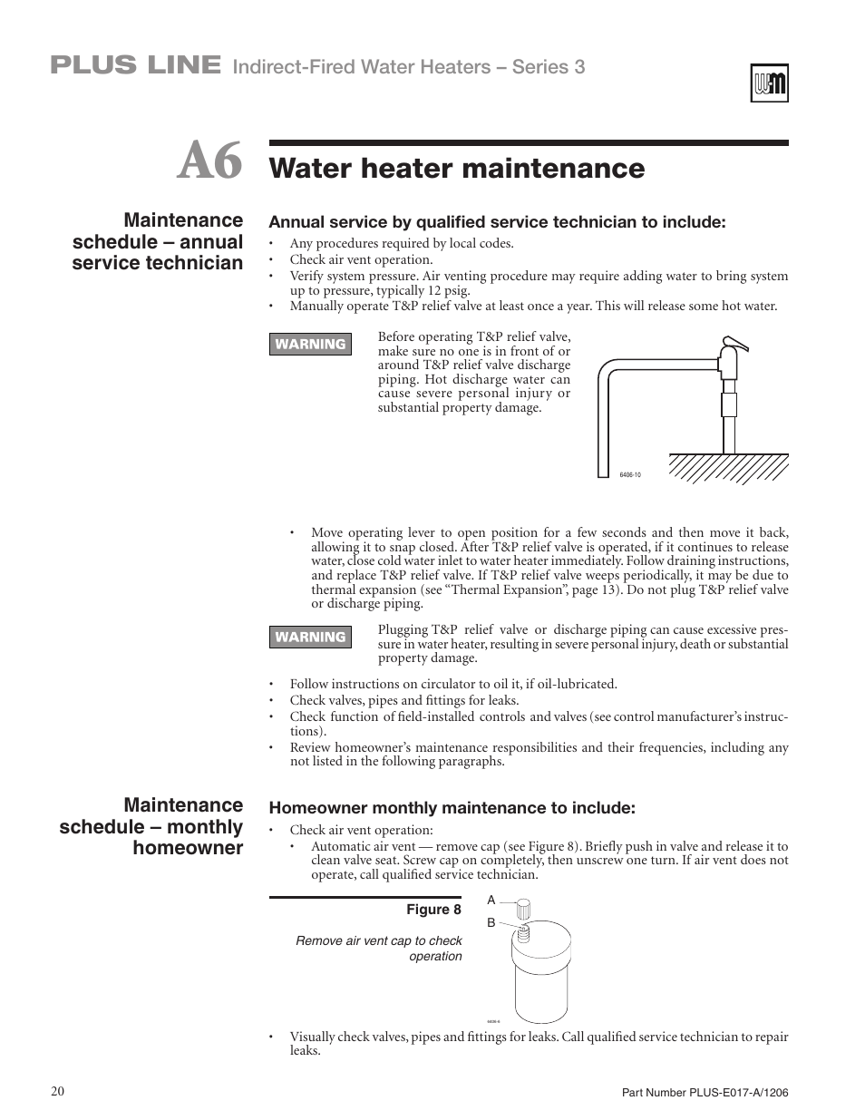 Water heater maintenance, Plus line, Indirect-fired water heaters – series 3 | Maintenance schedule – annual service technician, Maintenance schedule – monthly homeowner | Weil-McLain PLUS LINE PLUS-E017-A/1206 User Manual | Page 20 / 68