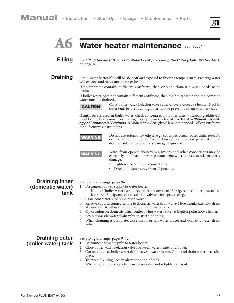 Water heater maintenance, Manual, Filling | Draining, Draining inner (domestic water) tank, Draining outer (boiler water) tank | Weil-McLain PLUS LINE PLUS-E017-A/1206 User Manual | Page 21 / 68