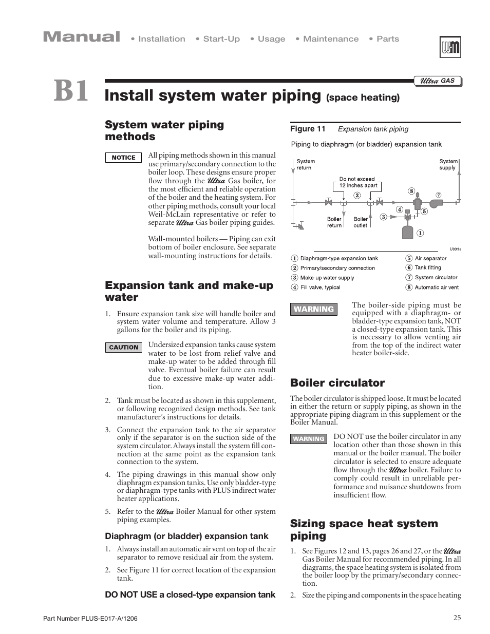Install system water piping, Manual, System water piping methods | Expansion tank and make-up water, Boiler circulator, Sizing space heat system piping | Weil-McLain PLUS LINE PLUS-E017-A/1206 User Manual | Page 25 / 68