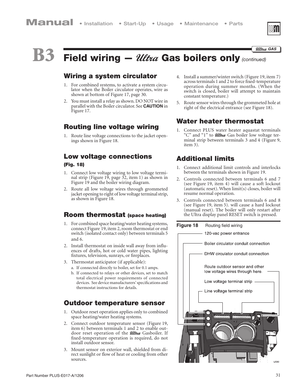 Field wiring — gas boilers only, Manual, Wiring a system circulator | Routing line voltage wiring, Low voltage connections, Room thermostat, Outdoor temperature sensor, Water heater thermostat, Additional limits | Weil-McLain PLUS LINE PLUS-E017-A/1206 User Manual | Page 31 / 68