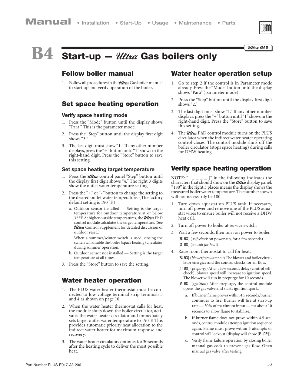 Start-up — gas boilers only, Manual, Follow boiler manual | Set space heating operation, Water heater operation, Water heater operation setup, Verify space heating operation | Weil-McLain PLUS LINE PLUS-E017-A/1206 User Manual | Page 33 / 68