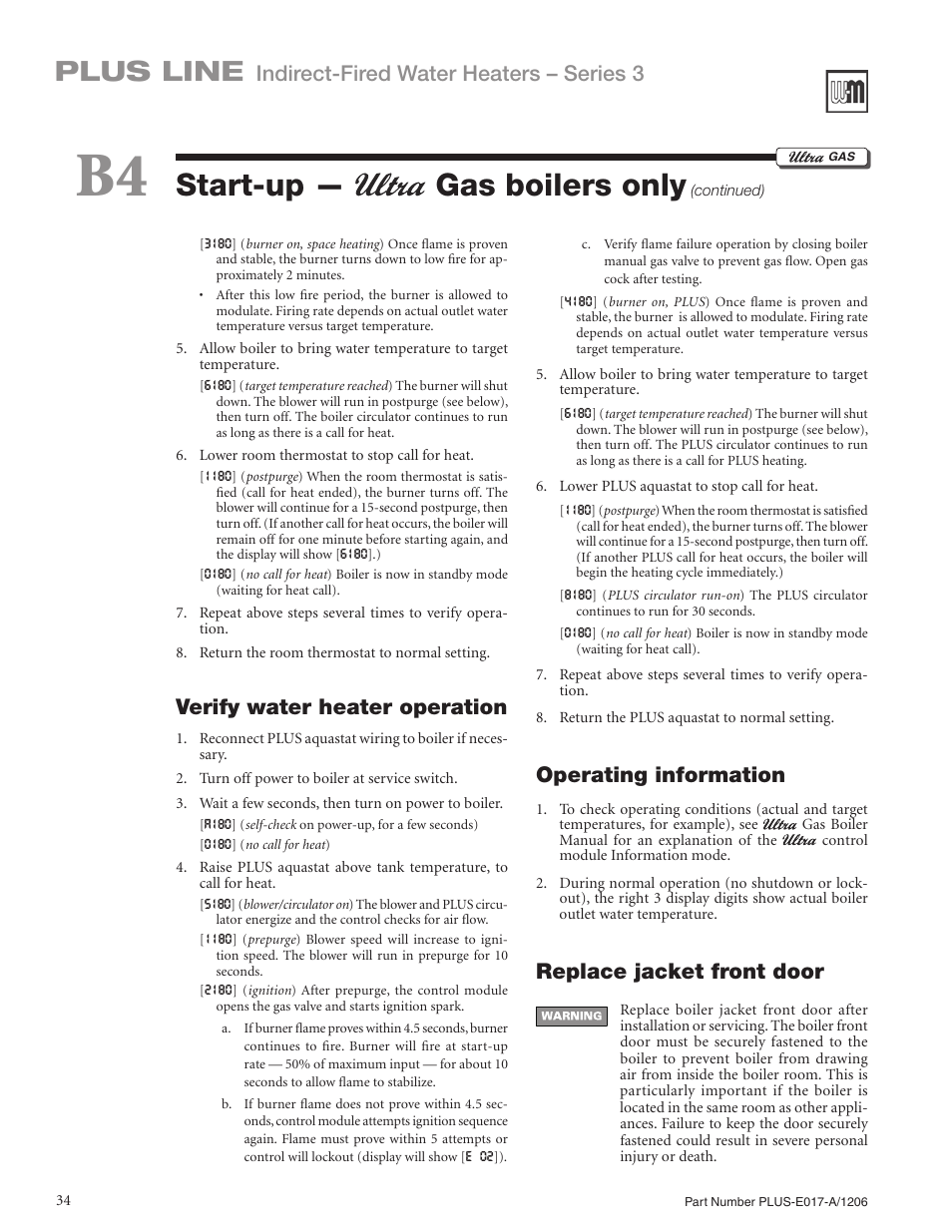 Start-up — gas boilers only, Plus line, Indirect-fired water heaters – series 3 | Verify water heater operation, Operating information, Replace jacket front door | Weil-McLain PLUS LINE PLUS-E017-A/1206 User Manual | Page 34 / 68