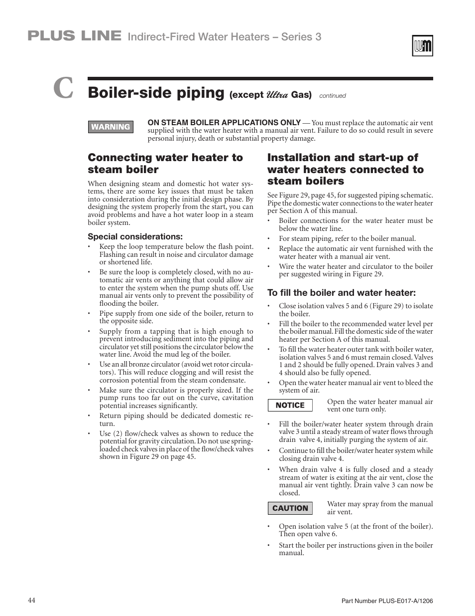 Boiler-side piping, Plus line, Connecting water heater to steam boiler | Weil-McLain PLUS LINE PLUS-E017-A/1206 User Manual | Page 44 / 68