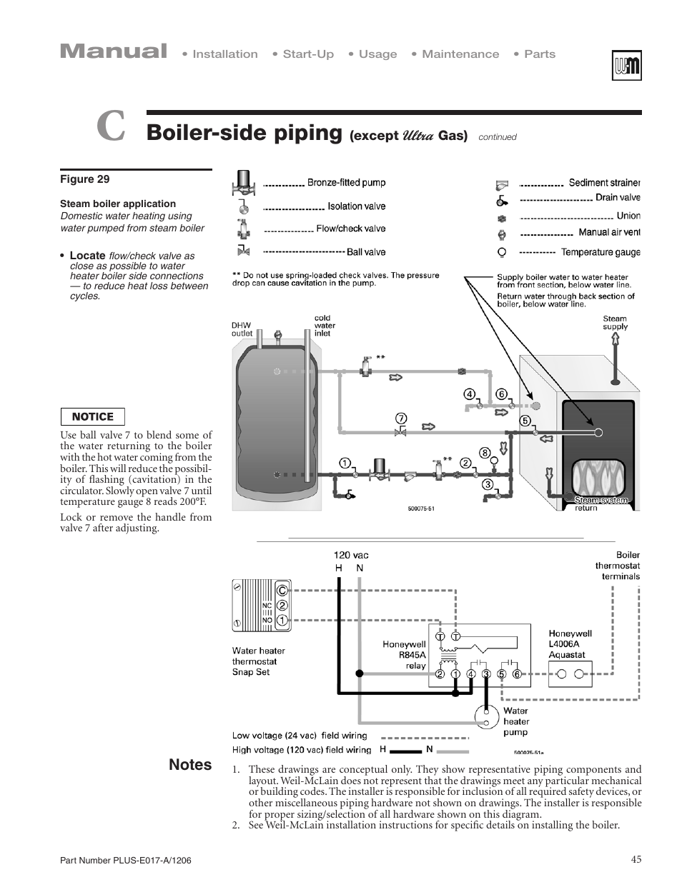 Boiler-side piping, Manual | Weil-McLain PLUS LINE PLUS-E017-A/1206 User Manual | Page 45 / 68