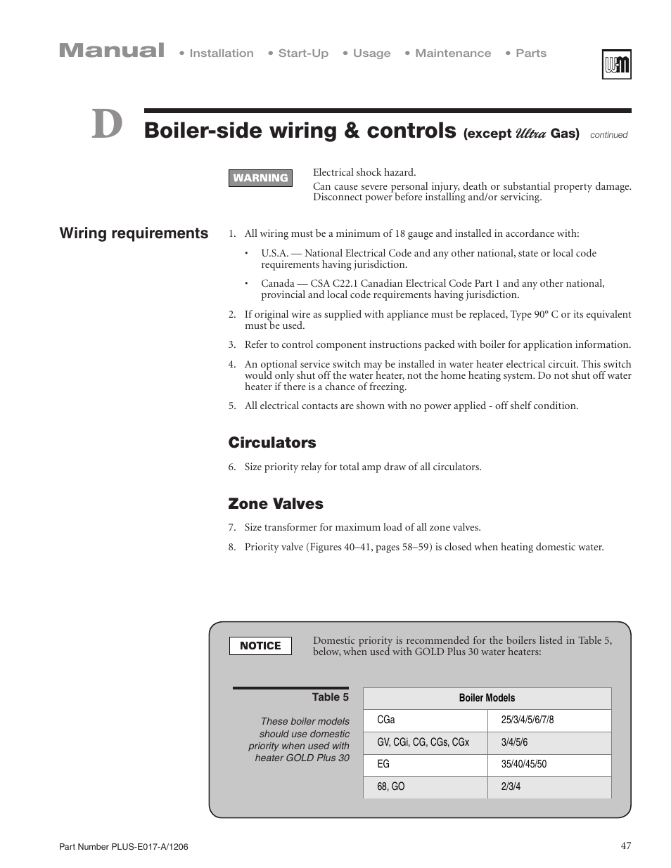 Boiler-side wiring & controls, Manual, Circulators | Zone valves, Wiring requirements | Weil-McLain PLUS LINE PLUS-E017-A/1206 User Manual | Page 47 / 68