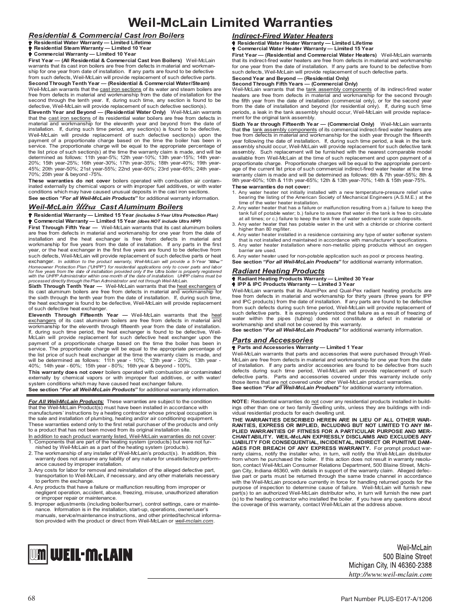 Weil-mclain limited warranties, Ultra, Residential & commercial cast iron boilers | Indirect-fired water heaters, Weil-mclain, Cast aluminum boilers, Radiant heating products, Parts and accessories | Weil-McLain PLUS LINE PLUS-E017-A/1206 User Manual | Page 68 / 68