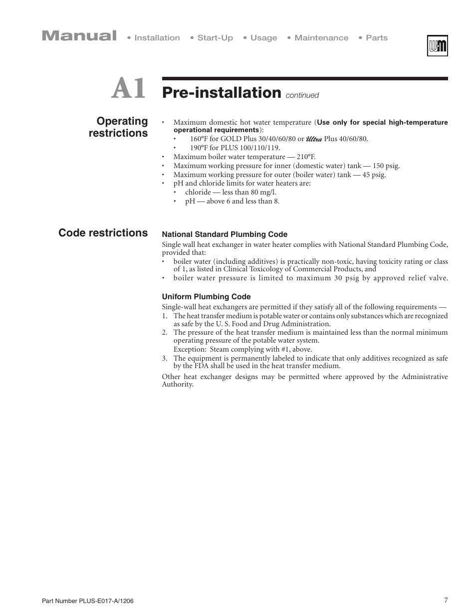 Pre-installation, Manual, Operating restrictions | Code restrictions | Weil-McLain PLUS LINE PLUS-E017-A/1206 User Manual | Page 7 / 68