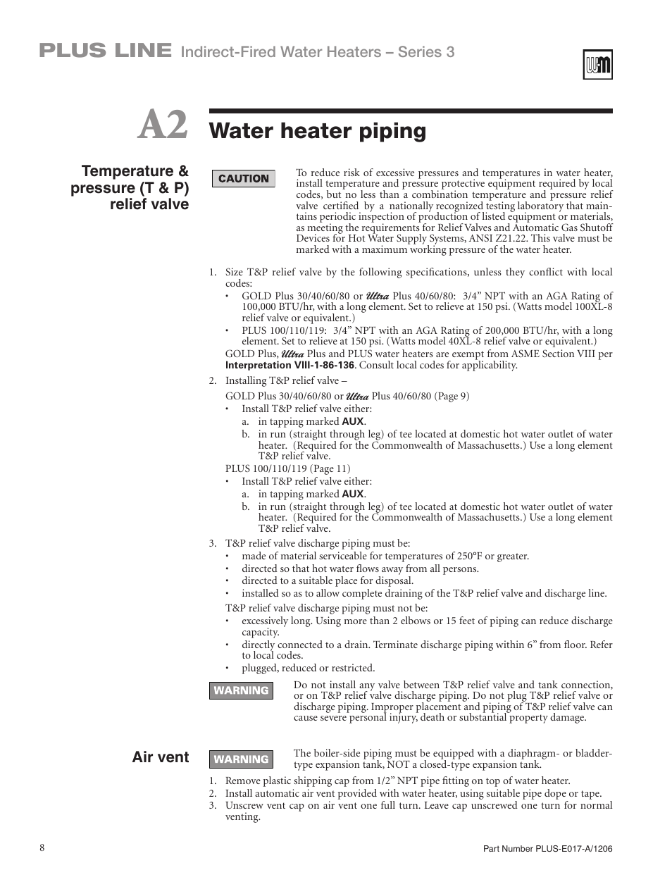 Water heater piping, Plus line | Weil-McLain PLUS LINE PLUS-E017-A/1206 User Manual | Page 8 / 68